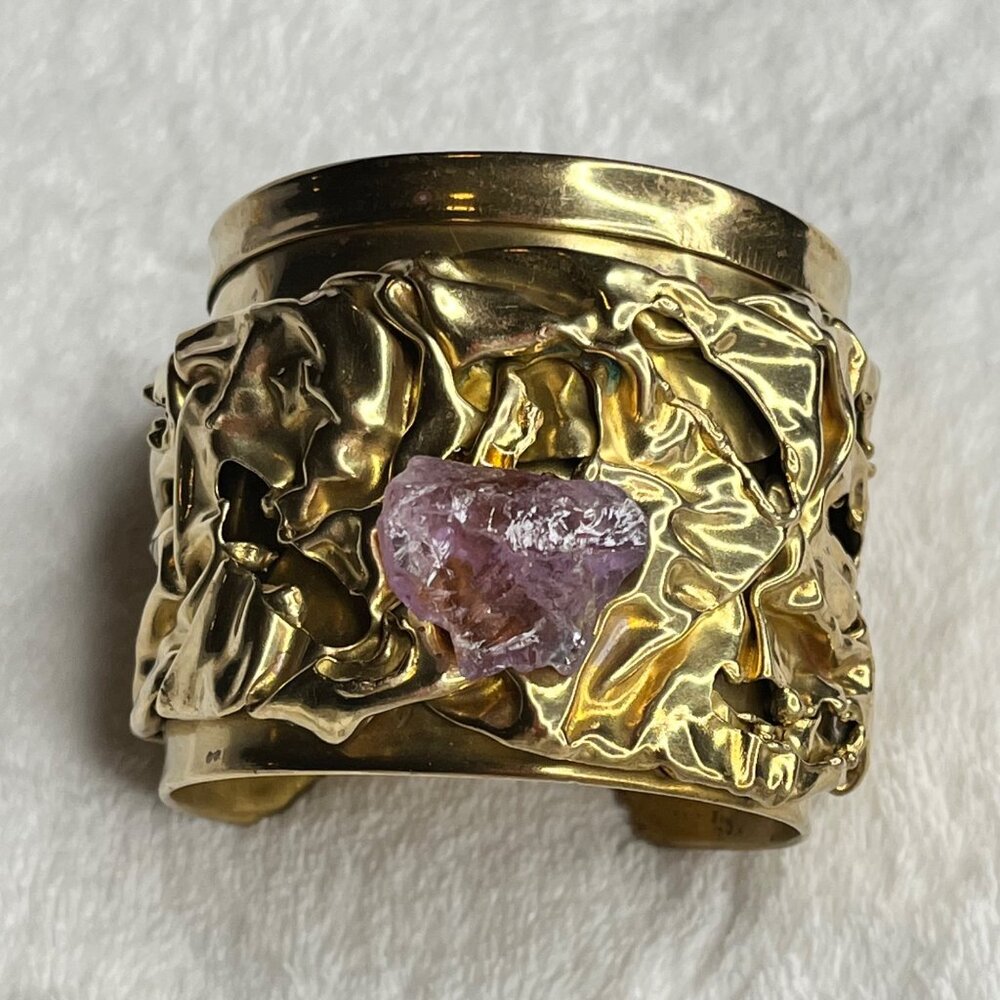 1960s Artisanal Brutalist Brass 3d Layered Cuff Bracelet Raw Amethyst  Dutras